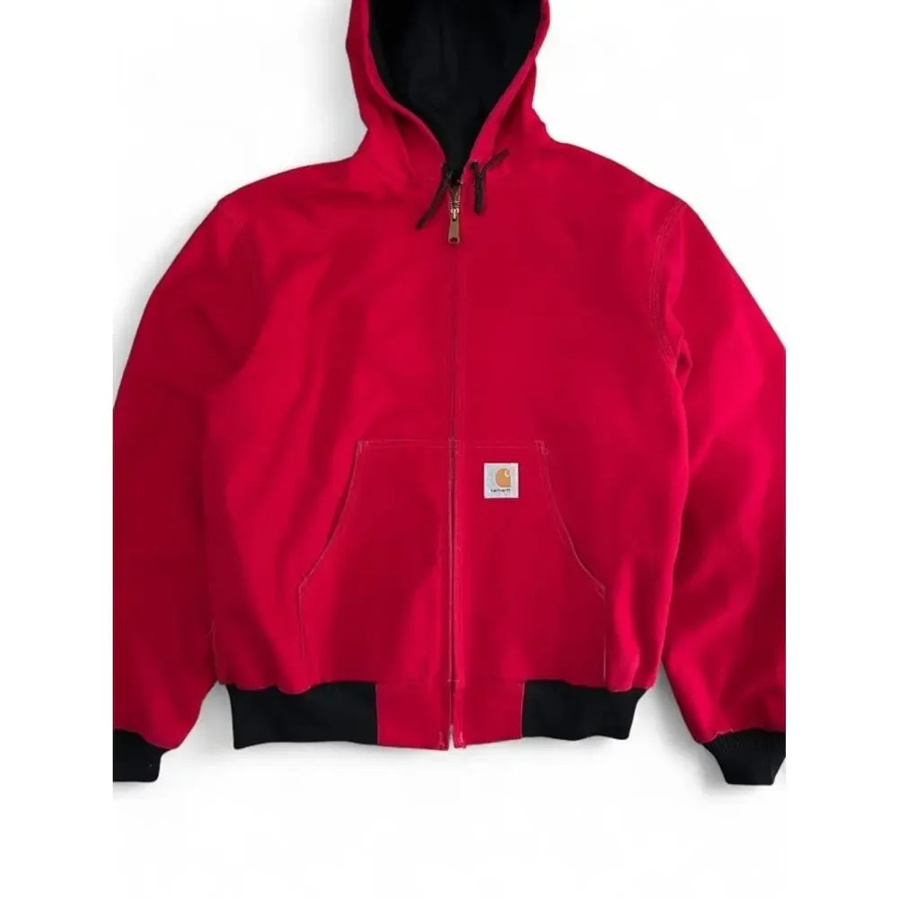 Vintage 90s Carhartt JR100 Red Hooded Thermal Canvas Duck Jacket Men’s Large - Picture 2 of 16